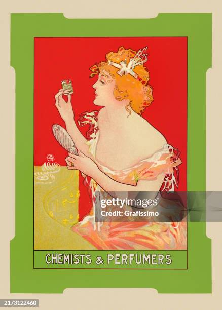 ilustraciones, imágenes clip art, dibujos animados e iconos de stock de hermosa mujer art nouveau con frasco de perfume 1899 - perfume