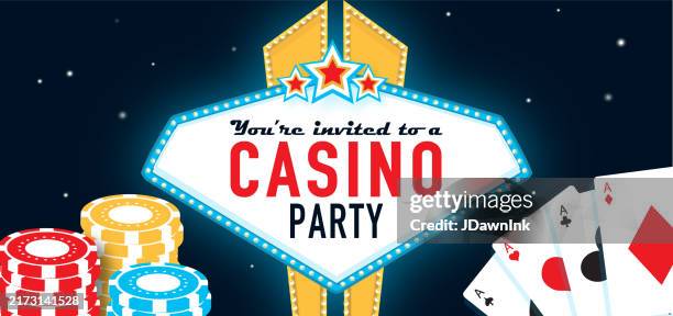 stockillustraties, clipart, cartoons en iconen met casino friendly betting party invitation web banner event design template vintage sign with lights poster fanned cards and gambling chips - casino