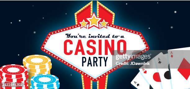 illustrations, cliparts, dessins animés et icônes de casino amical pari partie invitation bannière web événement conception modèle signe vintage avec des lumières affiche cartes en éventail et jetons de jeu - casino party invitation
