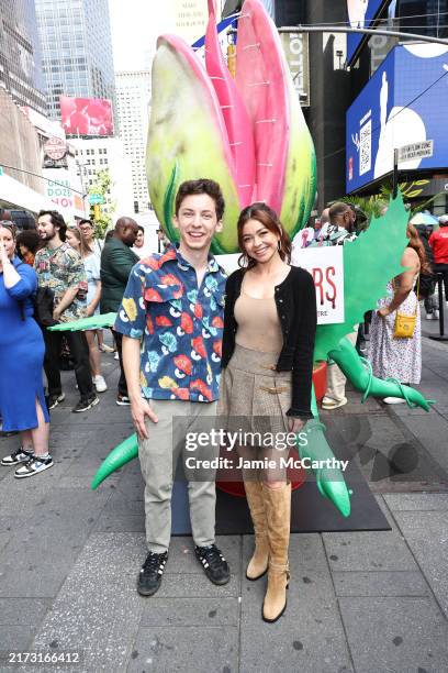 Andrew Barth Feldman and Sarah Hyland attend the "Little Shop Of Horrors" Installation Unveiling at Times Square on September 19, 2024 in New York...