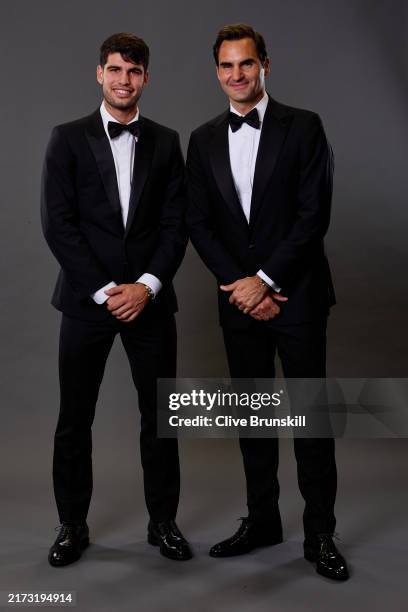 Carlos Alcaraz of Team Europe and Roger Federer pose for a photograph in the photobooth during the Opening Night Gala of the Laver Cup 2024 at WECC...