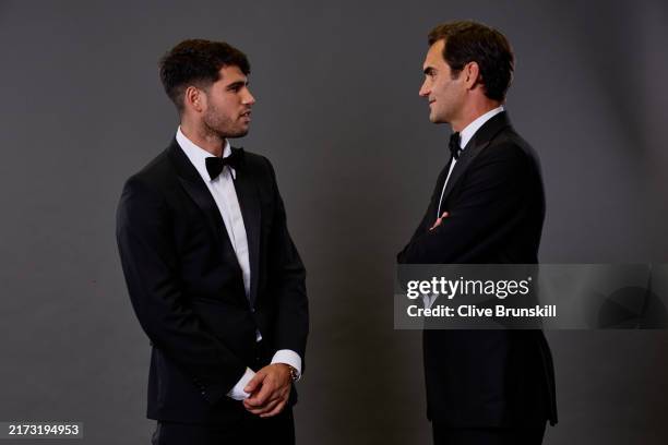 Carlos Alcaraz of Team Europe and Roger Federer speak in the photobooth during the Opening Night Gala of the Laver Cup 2024 at WECC on September 19,...