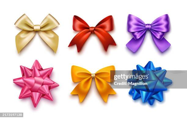 bows in gold, red, purple, pink, yellow, and blue, vector illustration - hair bow stock illustrations
