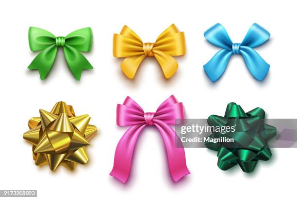 colorful decorative bows in green, yellow, blue, pink, and metallic gold and green, vector illustration - hair bow stock illustrations