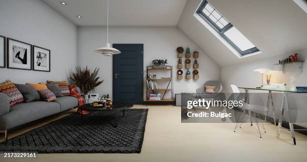 modern loft lounge with cozy office corner - quarto arrumado imagens e fotografias de stock