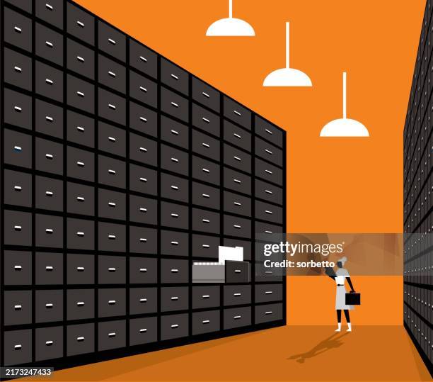 ilustraciones, imágenes clip art, dibujos animados e iconos de stock de big data - empresaria - fichero archivador