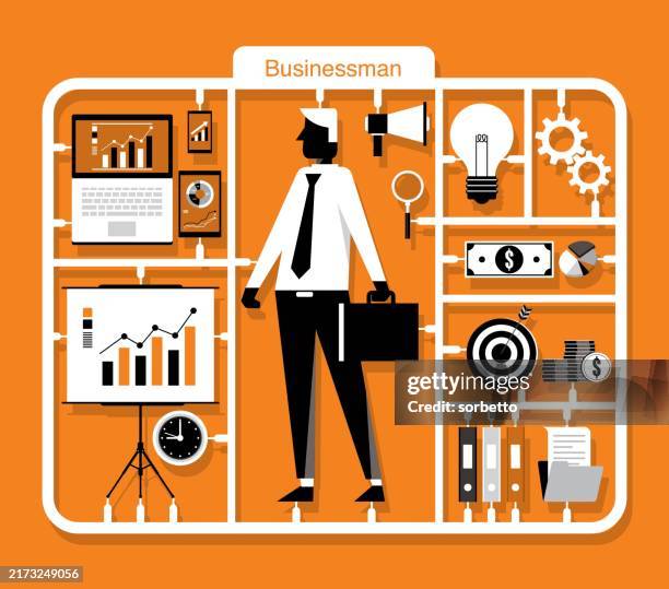 business tool kits mit geschäftsmann - geschäftsausstattung stock-grafiken, -clipart, -cartoons und -symbole
