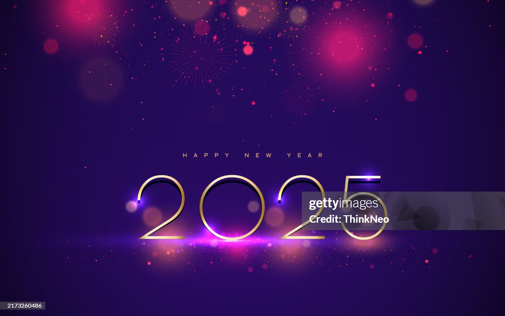 2025 Happy New Year elegant design - vector illustration of golden 2025 logo numbers on purple background