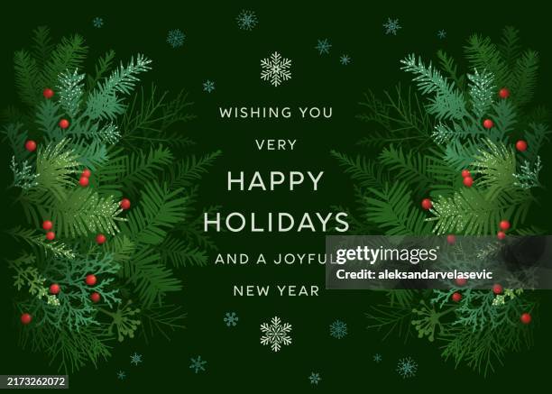 holiday background with fir branches and berries - christmas garland stock illustrations