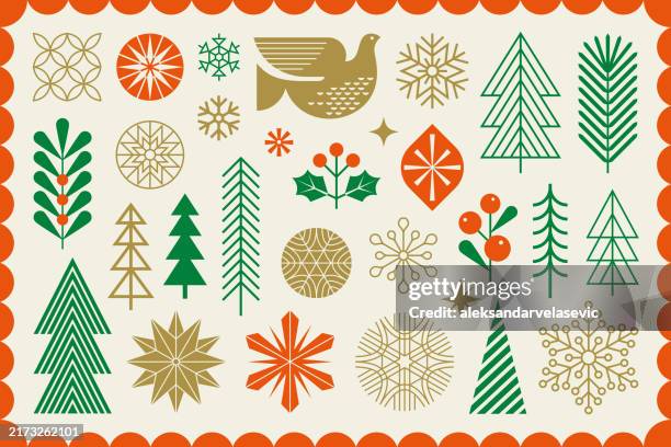 ilustraciones, imágenes clip art, dibujos animados e iconos de stock de elementos de diseño geométricos modernos de las vacaciones de navidad - christmas decoration