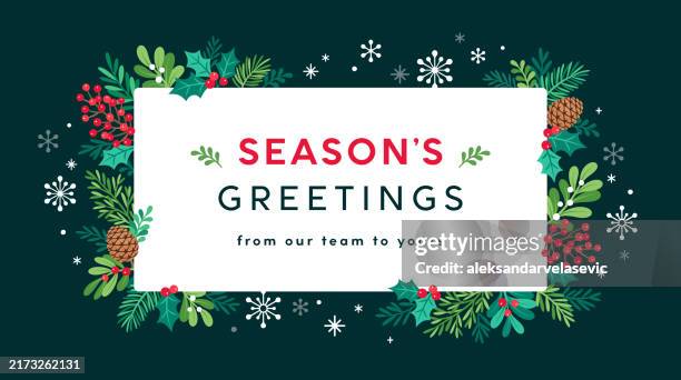 illustrazioni stock, clip art, cartoni animati e icone di tendenza di biglietto di auguri con rami di vischio, pigne, foglie di agrifoglio, bacche e fiocchi di neve - cornice natale