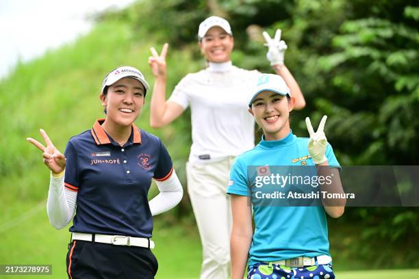 Eimi Koga of Japan, Babe Liu of Chinese Taipei and Mirai Hamasaki of Japan pose on the 2nd hole during the first round of 51st Miyagi TV Cup Dunlop...