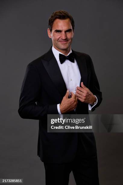 Roger Federer pose for a photograph in the photobooth during the Opening Night Gala of the Laver Cup 2024 at WECC on September 19, 2024 in Berlin,...