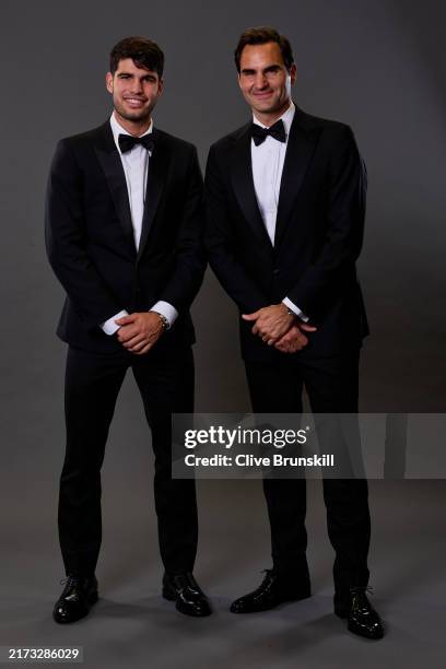 Carlos Alcaraz of Team Europe and Roger Federer pose for a photograph in the photobooth during the Opening Night Gala of the Laver Cup 2024 at WECC...