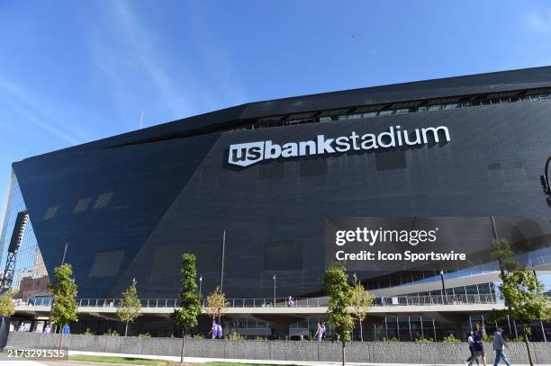 View of south facade of the Minnesota Vikings stadium prior to start of the NFL game between the Houston Texans and the Minnesota Vikings on...