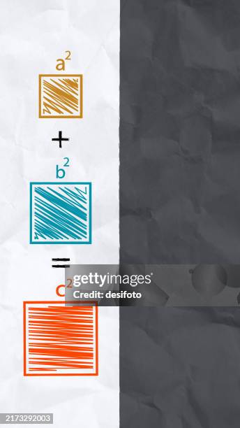 vertical textured halved divided black and white paper sheet vector background with a diagram representing pythagoras theorem, by an equation of three squares - a square plus b square equals c square - 3 section stock illustrations