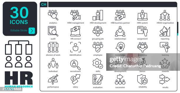 human resource icon set. 30 editable stroke vector graphic elements, stock illustration containing icon symbol, business, marketing, working, people - complicated math stock illustrations