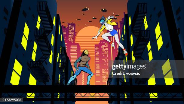 vector two cyberpunk heroes dueling in a futuristic urban setting rear view portrait stock illustration - girly cartoons stock illustrations