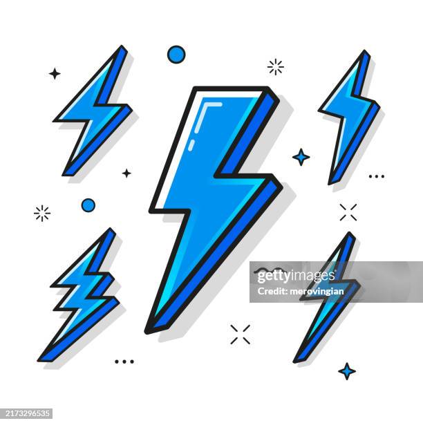 lightning bolt icon set - blue lightning stock illustrations