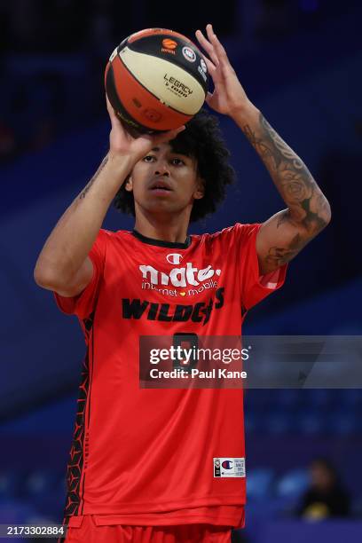 Izan Almansa of the Wildcats warms up before the round one NBL match between Perth Wildcats and South East Melbourne Phoenix at RAC Arena, on...