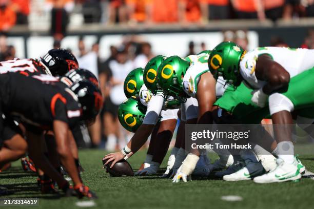 The line of scrimmage between the Oregon Ducks and the Oregon State Beavers during the first half at Reser Stadium on September 14, 2023 in...