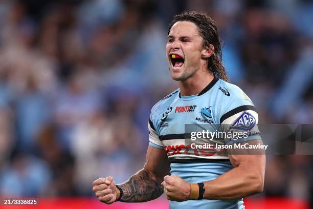 Nicho Hynes of the Sharks celebrates winning the NRL Semi Final match between Cronulla Sharks and North Queensland Cowboys at Allianz Stadium on...