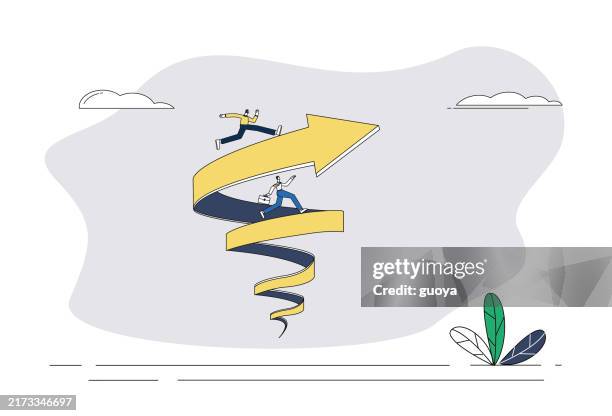 illustrations, cliparts, dessins animés et icônes de deux cols blancs courent vers le haut le long de la flèche de la tornade. - spirale