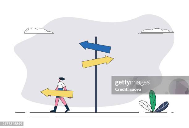 the female white-collar worker chose the direction to move forward. - crossroads sign stock illustrations