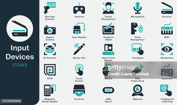 input devices solid icons collection. containing computer, keyboard, mouse, touchpad, joystick, graphics tablet, scanner, microphone, webcam, digital camera, barcode scanner, card reader, touch screen - memory card stock illustrations