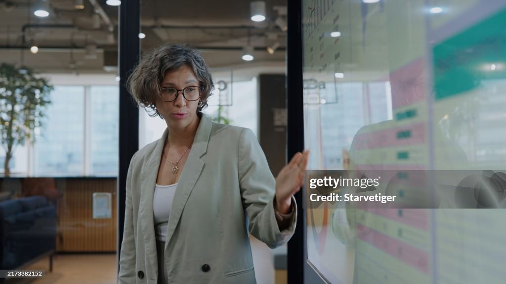 Presentations are power for communication to reinforce your message with Sequencing phrases and a Conclusion. Businesswomen present the new strategy on graphical screens