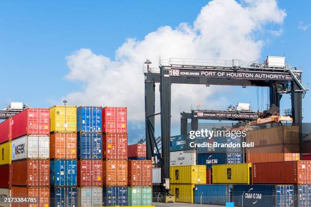 In an aerial view, shipping containers are seen at the Port of Houston Authority on September 20, 2024 in Harris County, Texas. A potential strike by...