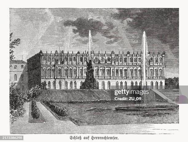 new palace herrenchiemsee, bavaria, germany, wood engraving, published 1887 - herrenchiemsee castle stock illustrations