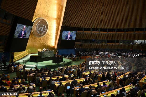 United Nations Secretary-General Antonio Guterres speaks during the 79th Session of the United Nations General Assembly at the United Nations...