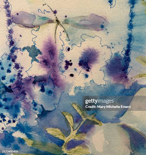 dragonfly in the flower bed - flower stand stock illustrations