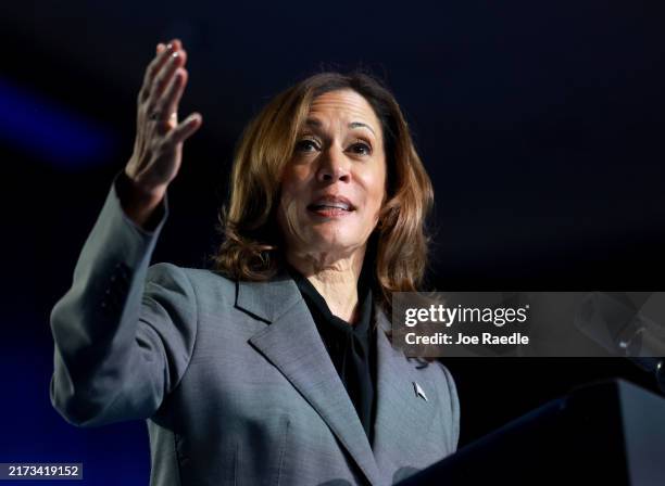 Democratic presidential nominee, U.S. Vice President Kamala Harris, speaks during an event at the Cobb Energy Performing Arts Centre on September 20...