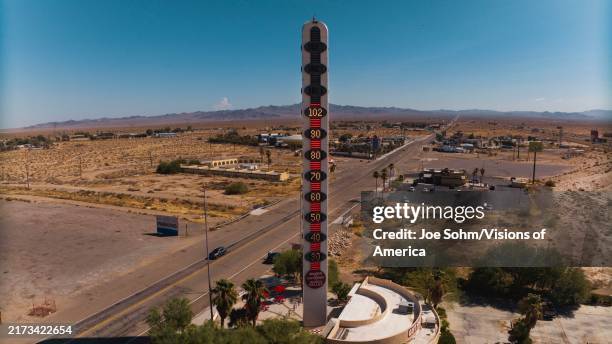 Thermometer says 102 degrees, gateway to Death Valley, Mojave Desert, Baker, California.