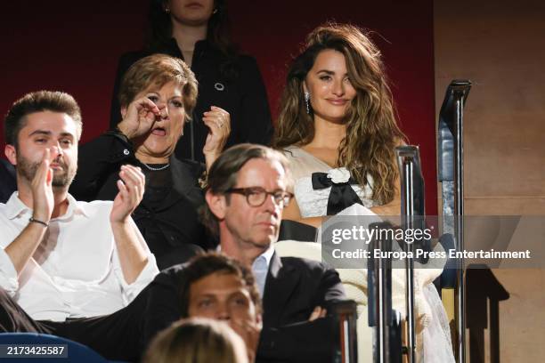 Penelope Cruz and her mother, Encarna Sanchez , react as Javier Bardem speaks during the Opening Gala of the San Sebastian Festival at the Kursaal...