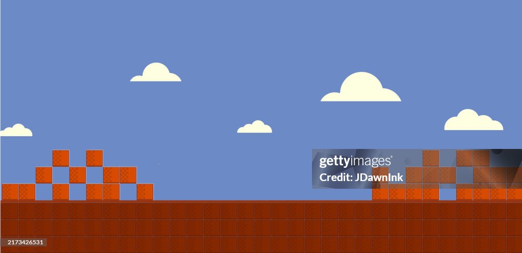 Retro video game simple classic arcade graphics abstract background design with bricks and blue sky with clouds