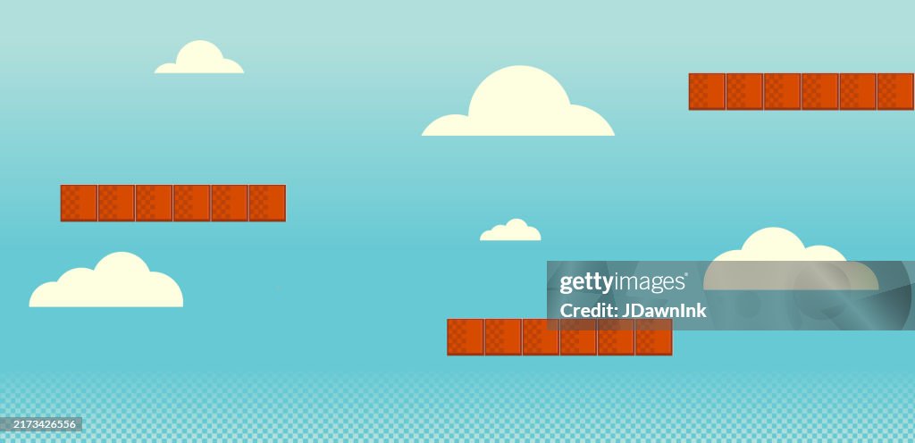 Retro video game simple classic arcade graphics abstract background design with brick platforms and blue sky with clouds