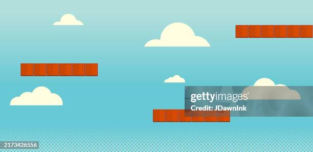 retro video game simple classic arcade graphics abstract background design with brick platforms and blue sky with clouds - climbing wall stock illustrations