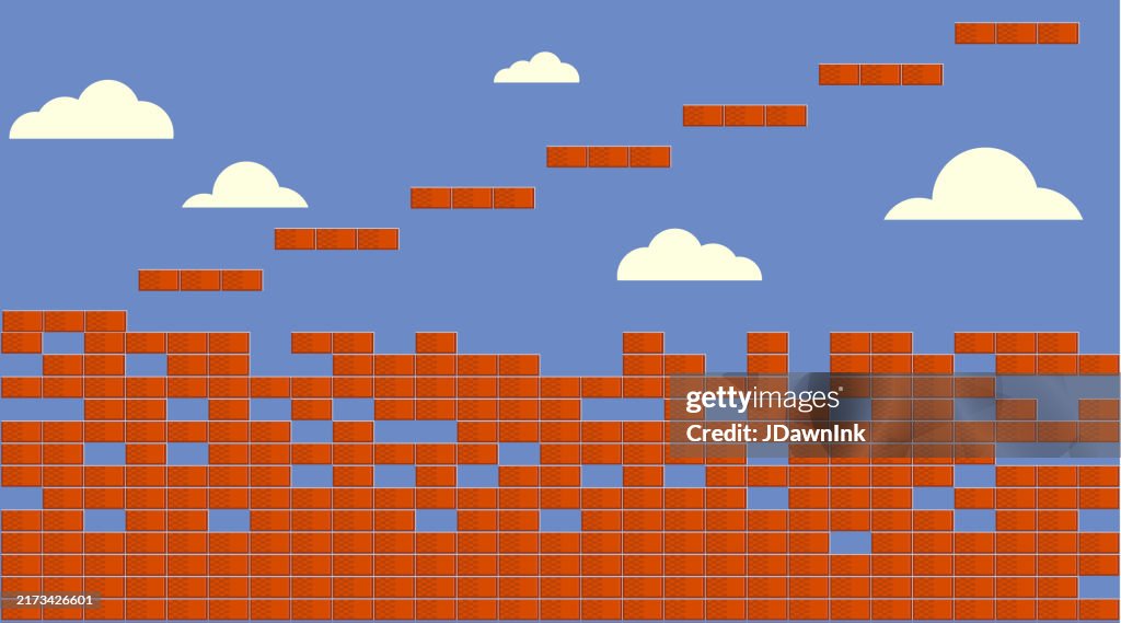 Retro video game simple classic arcade graphics abstract background design with brick platforms and blue sky with clouds