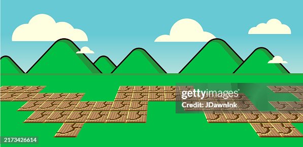 Retro video game simple classic arcade graphics abstract background design with grass, mountains and brick footpath Retro video game simple classic arcade graphics abstract background design with grass, mountains and brick footpath
