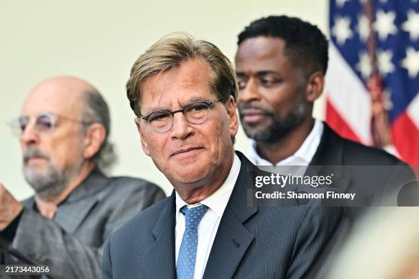 Aaron Sorkin , with actors Richard Schiff and Dule Hill, attends a White House celebration of the 25th anniversary of "The West Wing" on September...