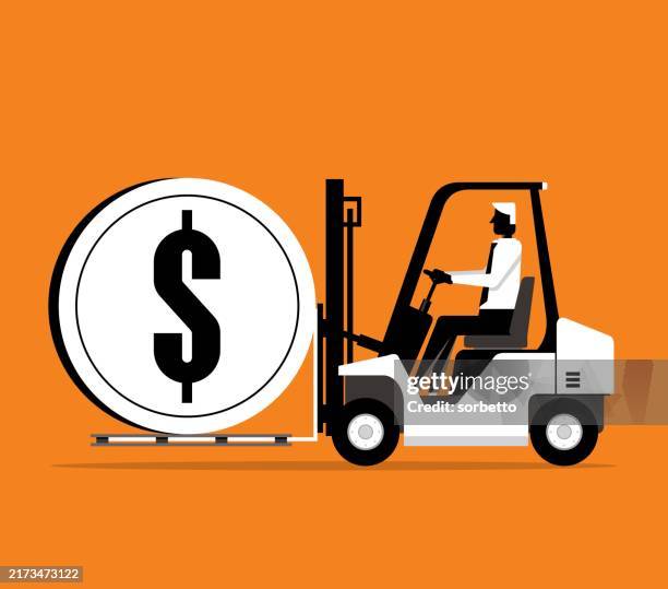 forklift truck - loader transports coins - international relocation stock illustrations