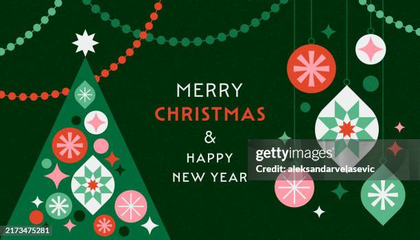 bildbanksillustrationer, clip art samt tecknat material och ikoner med modern christmas tree with ornaments greeting card - christmas