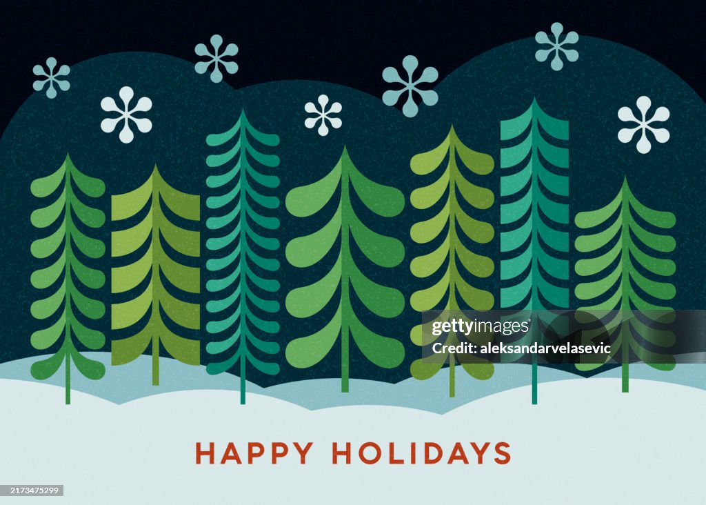Modern Geometric Winter Landscape with Christmas Trees
