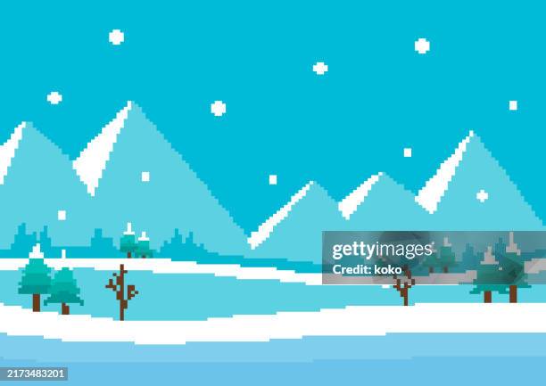 winterlandschaft. pixel-kunst. - bit stock-grafiken, -clipart, -cartoons und -symbole