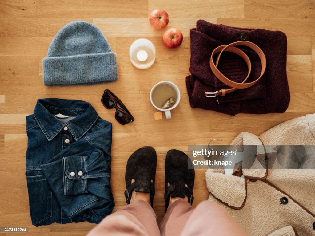 Autumn fashion flat lay with knits and shoes and jacket