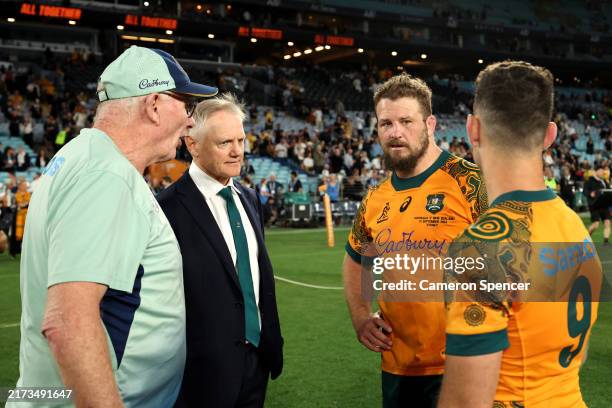 Wallabies scrum coach Mike Cron, head coach Joe Schmidt, James Slipper of the Australian Wallabies and Nic White of the Australian Wallabies react...