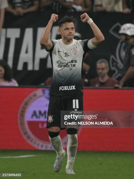 Corinthians' Paraguayan forward Angel Romero celebrates after scoring during the Copa Sudamericana quarter-final second leg all-Brazilian football...